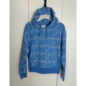 Champion Reverse Weave Hoodie Womens Sz M Blue Bubble Letter All Over Logo Y2K